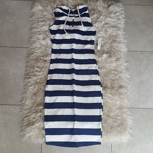 Actice Basic Sleeveless Striped  Hooded Midi Dress Blue White - Picture 4 of 6